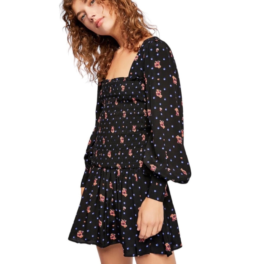 Free People | Two Faces Smocked Mini Dress in Black Combo Size XS